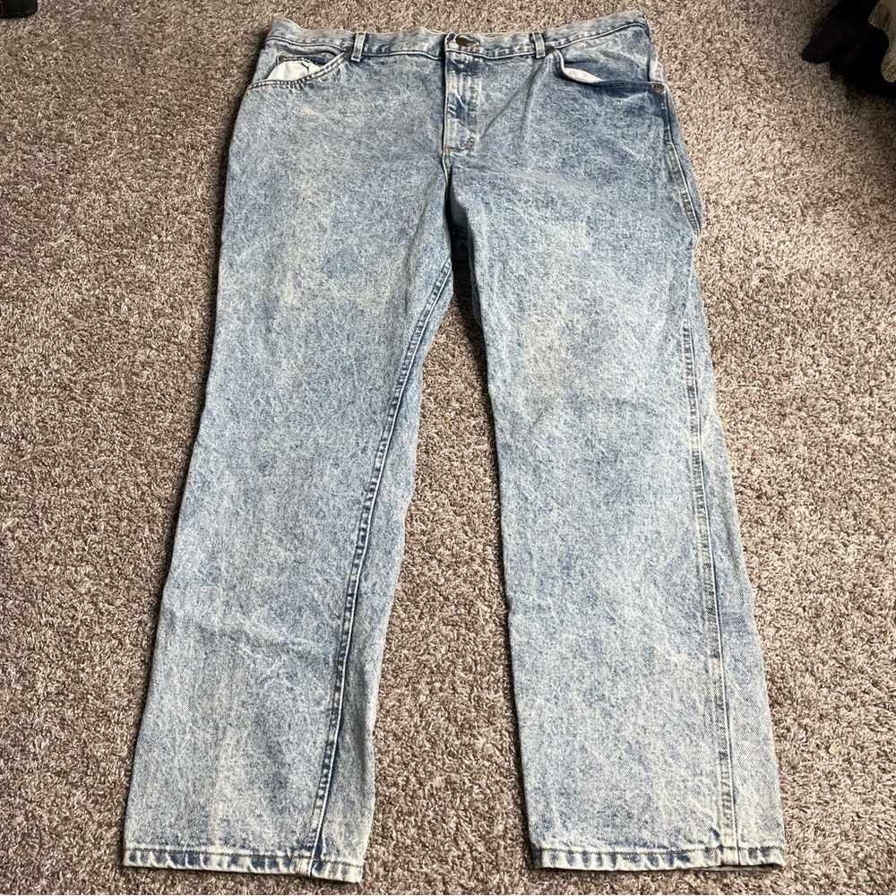 80s Lee Jeans Mens 44 X 30 Acid Wash Blue USA Made Straight Leg Grunge Punk Vtg